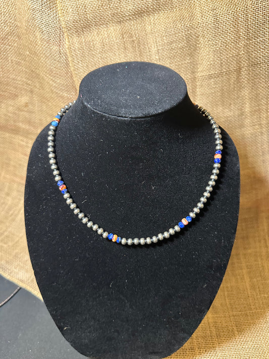 18 inch 6 mm Sterling Silver Pearls necklace lapis and spiny