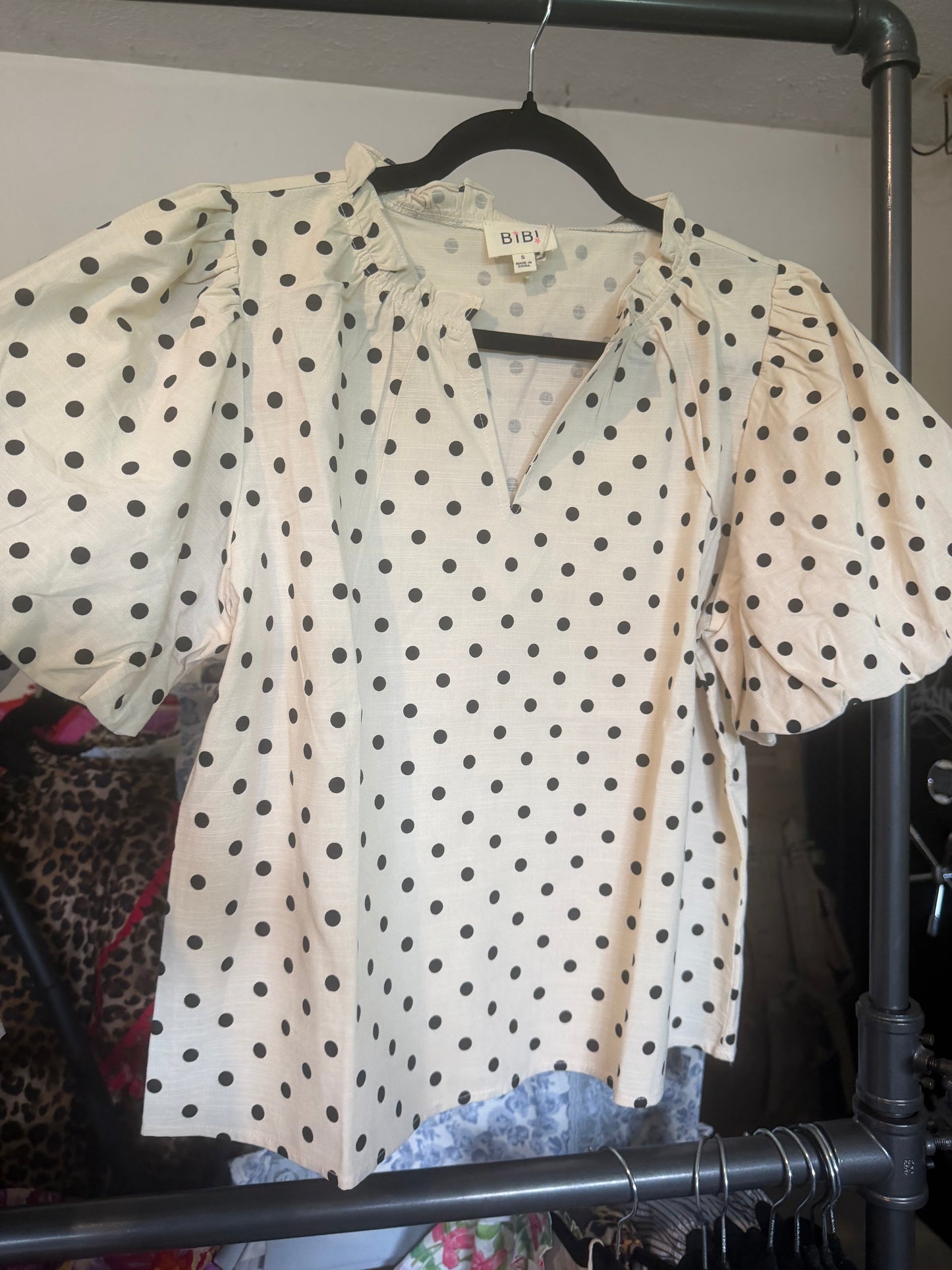 LINEN BLEND POLKA DOT PRINT BUBBLE SLEEVE BLOUSE TOP