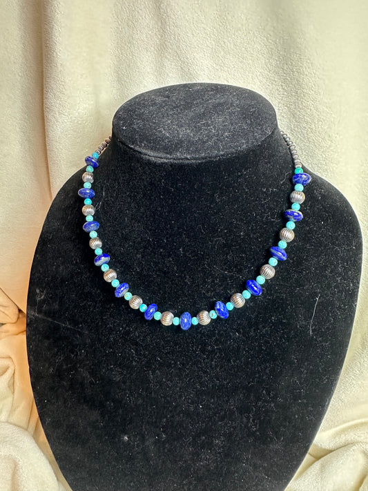 Corrugated sterling x turquoise x blue lapis necklace