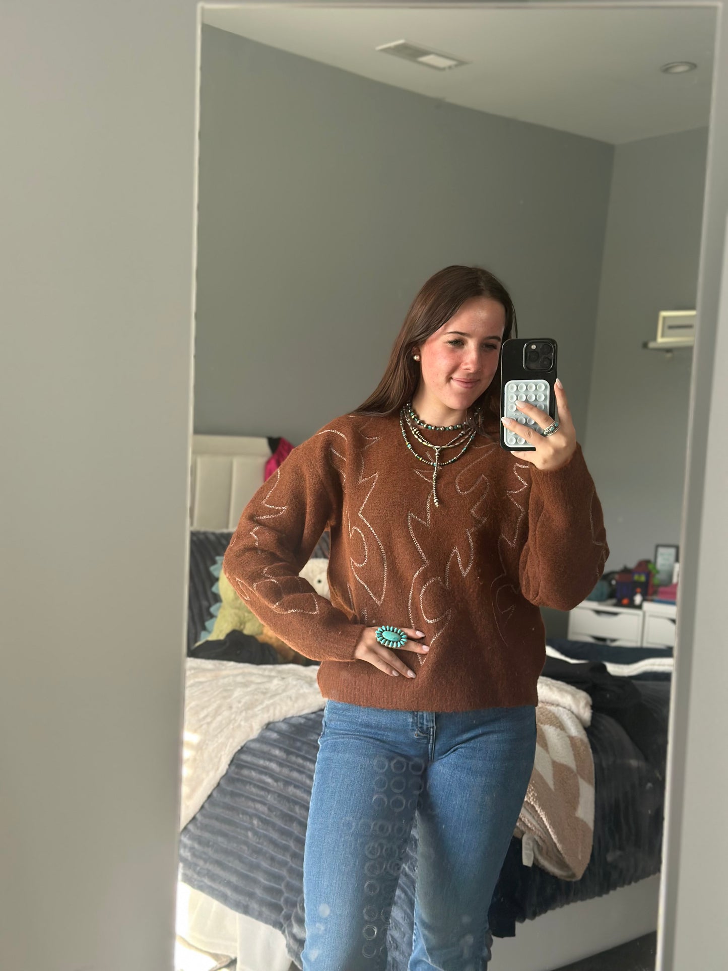 Western Boots Stitch Pattern Crew Neck Sweater