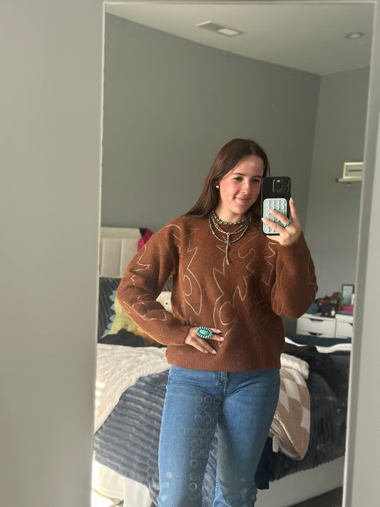 Western Boots Stitch Pattern Crew Neck Sweater