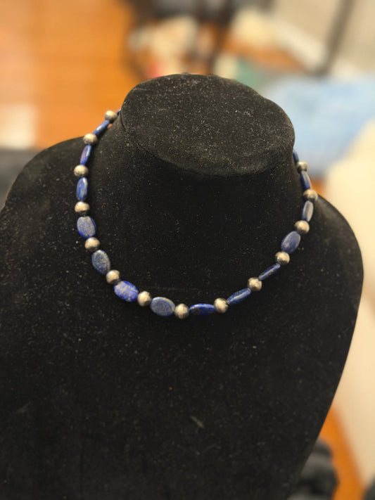 Flat oval lapis X 8mm pearl necklace