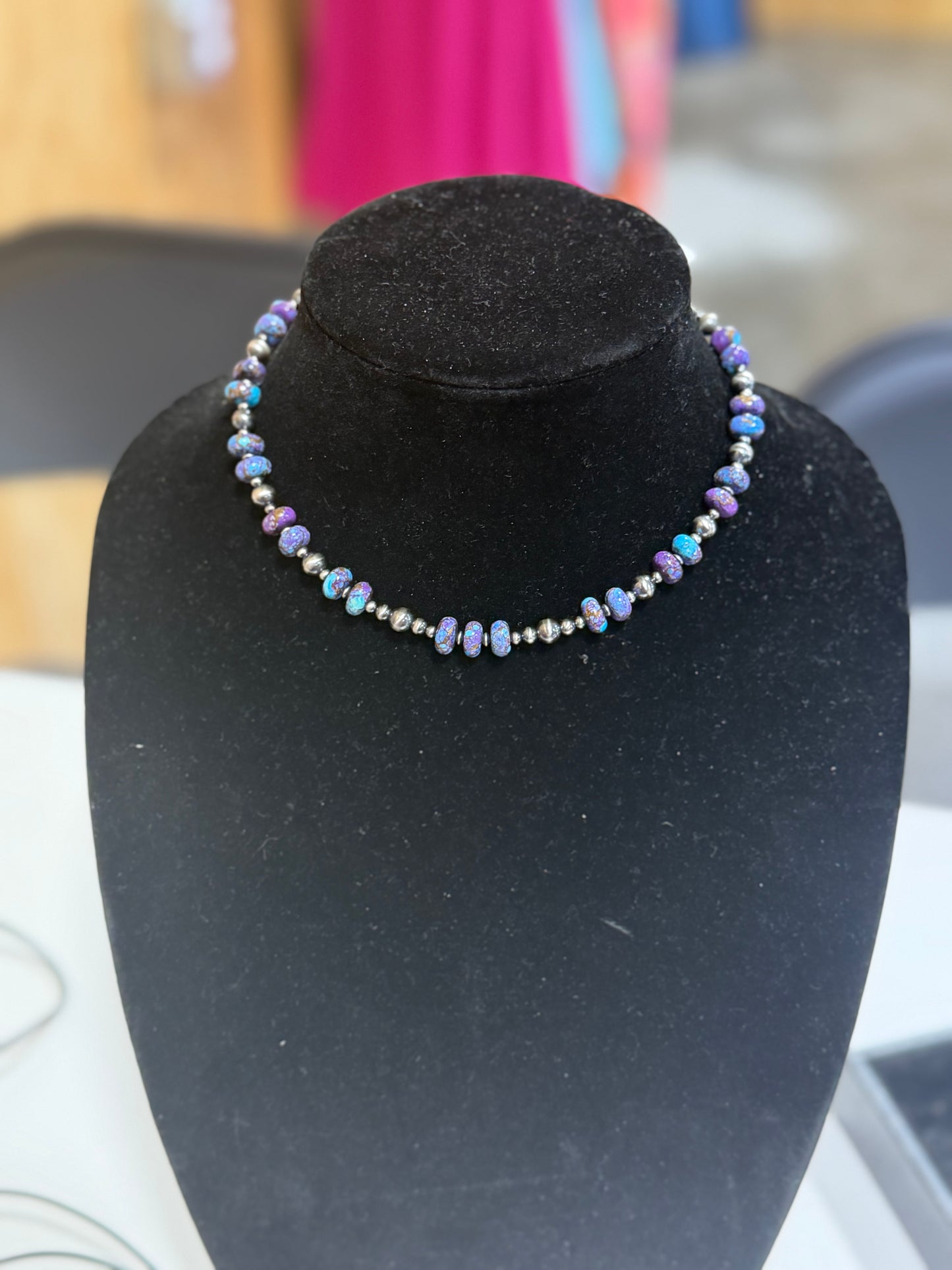 3-8mm sterling silver x Mohave Purple Spotted rondelle necklace