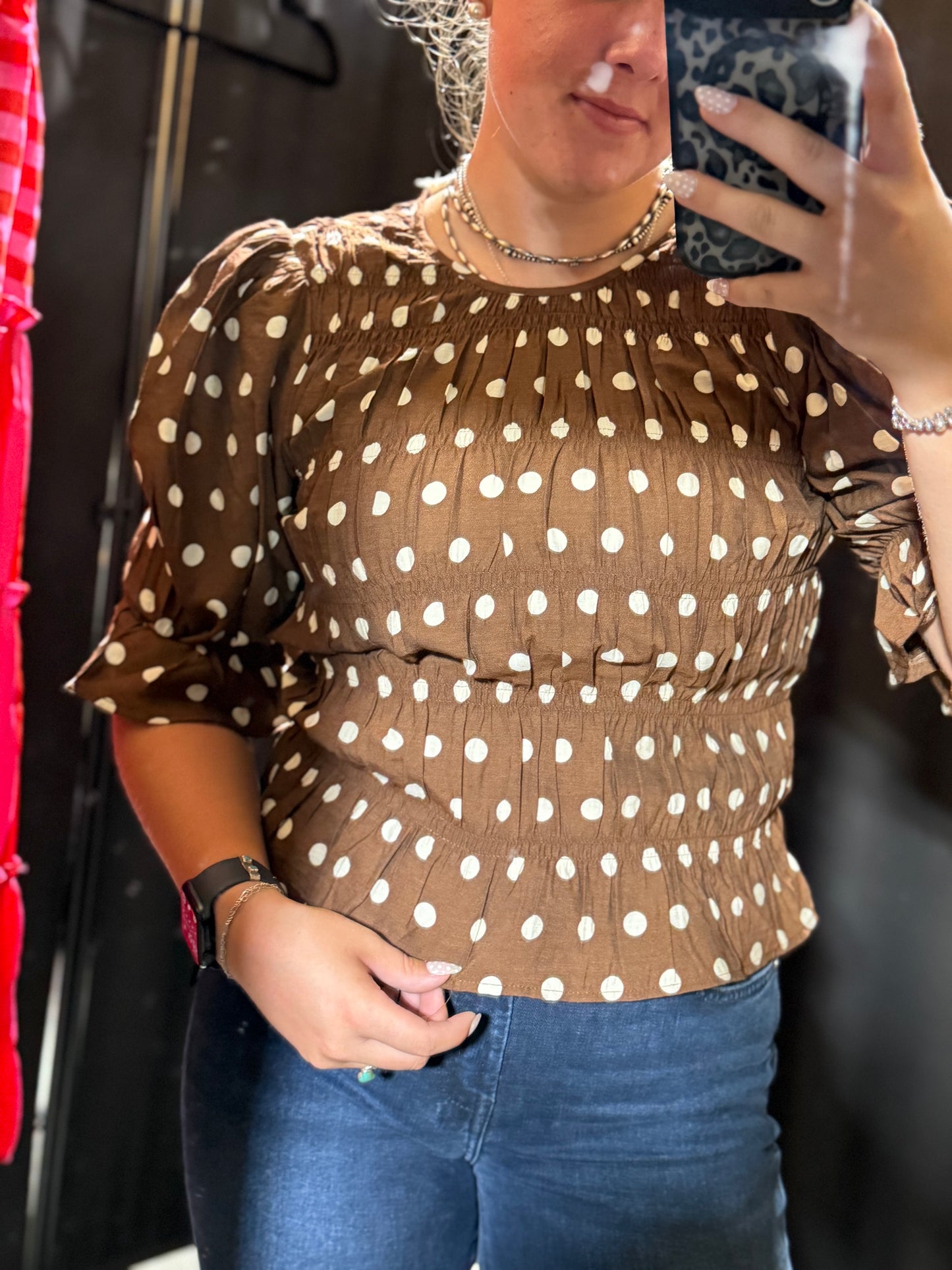 POLKA DOT PRINTED WOVEN SHIRRED BODY TOP
