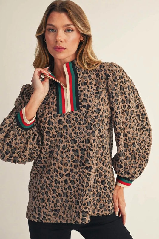 Quarter zip leopard top