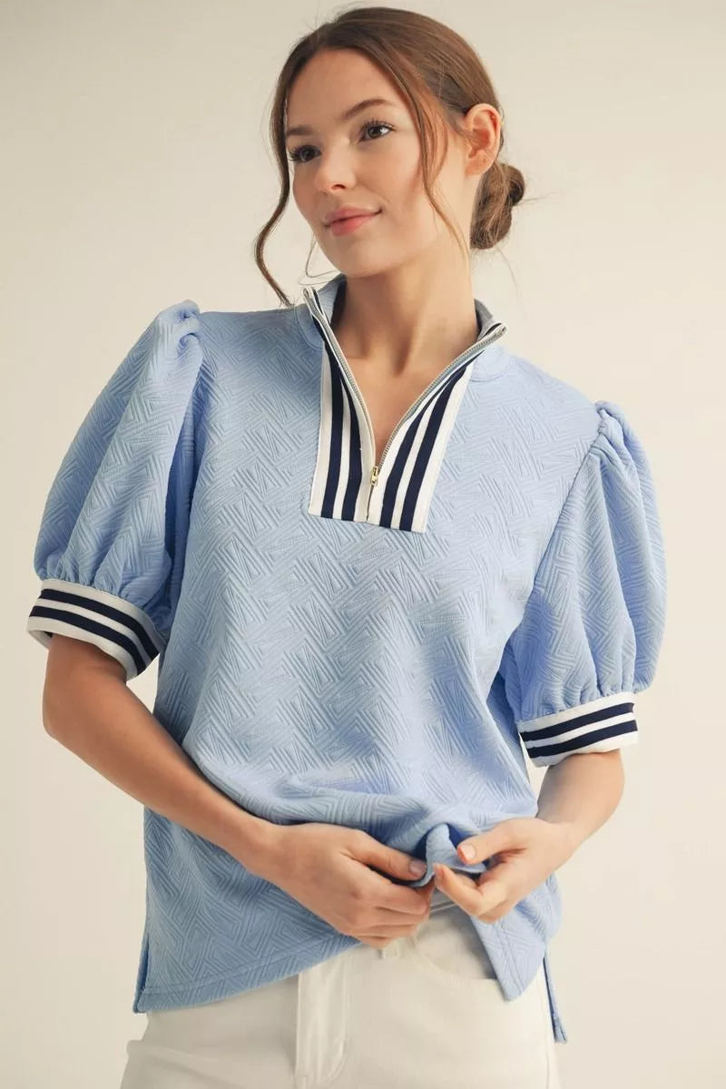 Puff sleeve quarter zip top