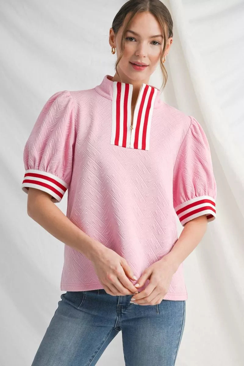 Puff sleeve quarter zip top