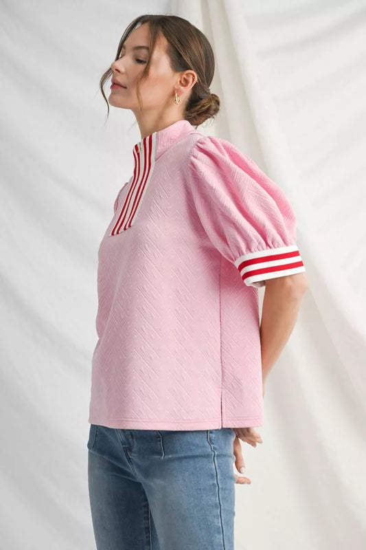Puff sleeve quarter zip top