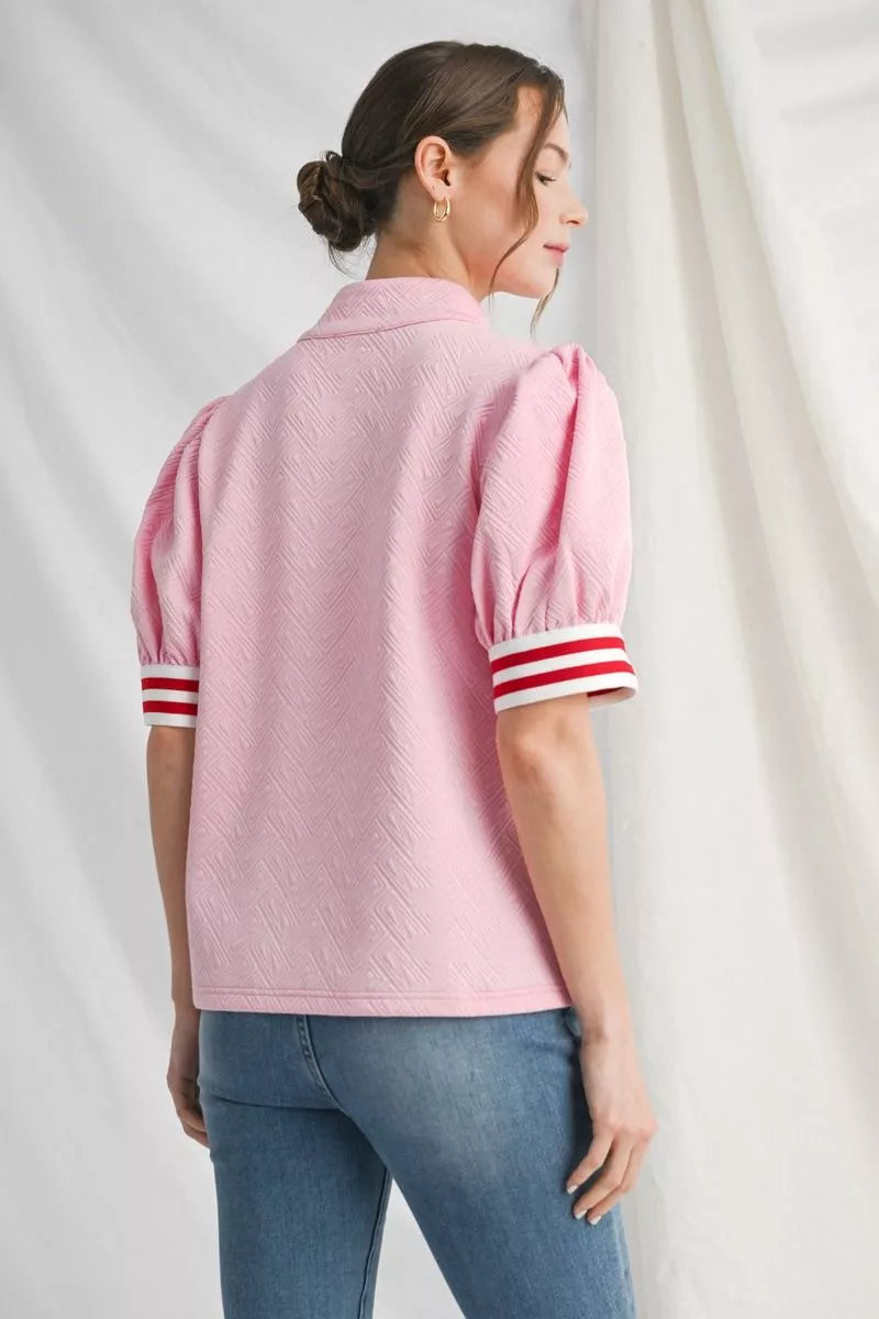 Puff sleeve quarter zip top