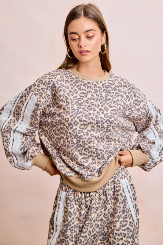 LEOPARD FRENCH TERRY LACE CONTRAST SWEATSHIRT TOP
