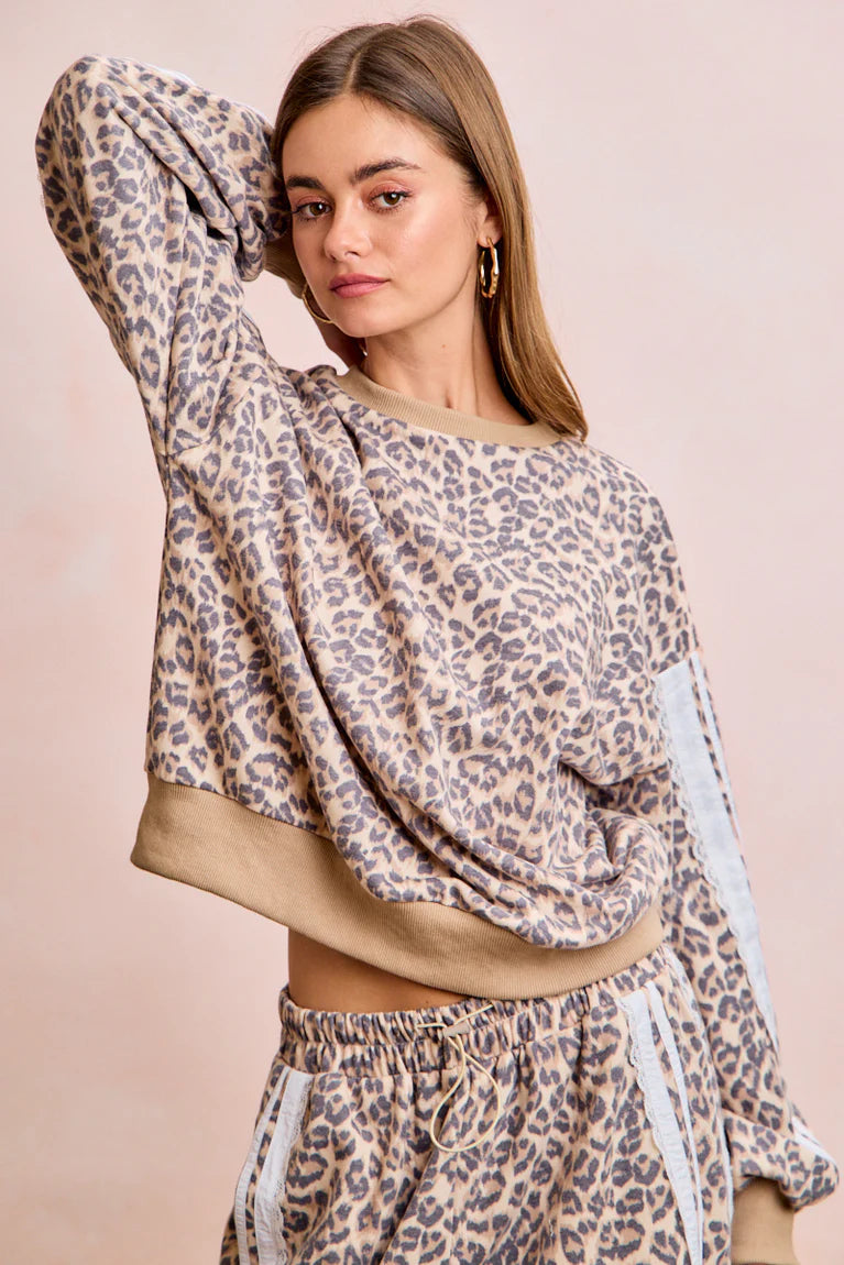 LEOPARD FRENCH TERRY LACE CONTRAST SWEATSHIRT TOP
