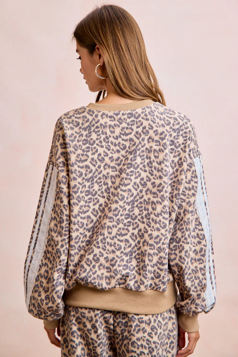 LEOPARD FRENCH TERRY LACE CONTRAST SWEATSHIRT TOP