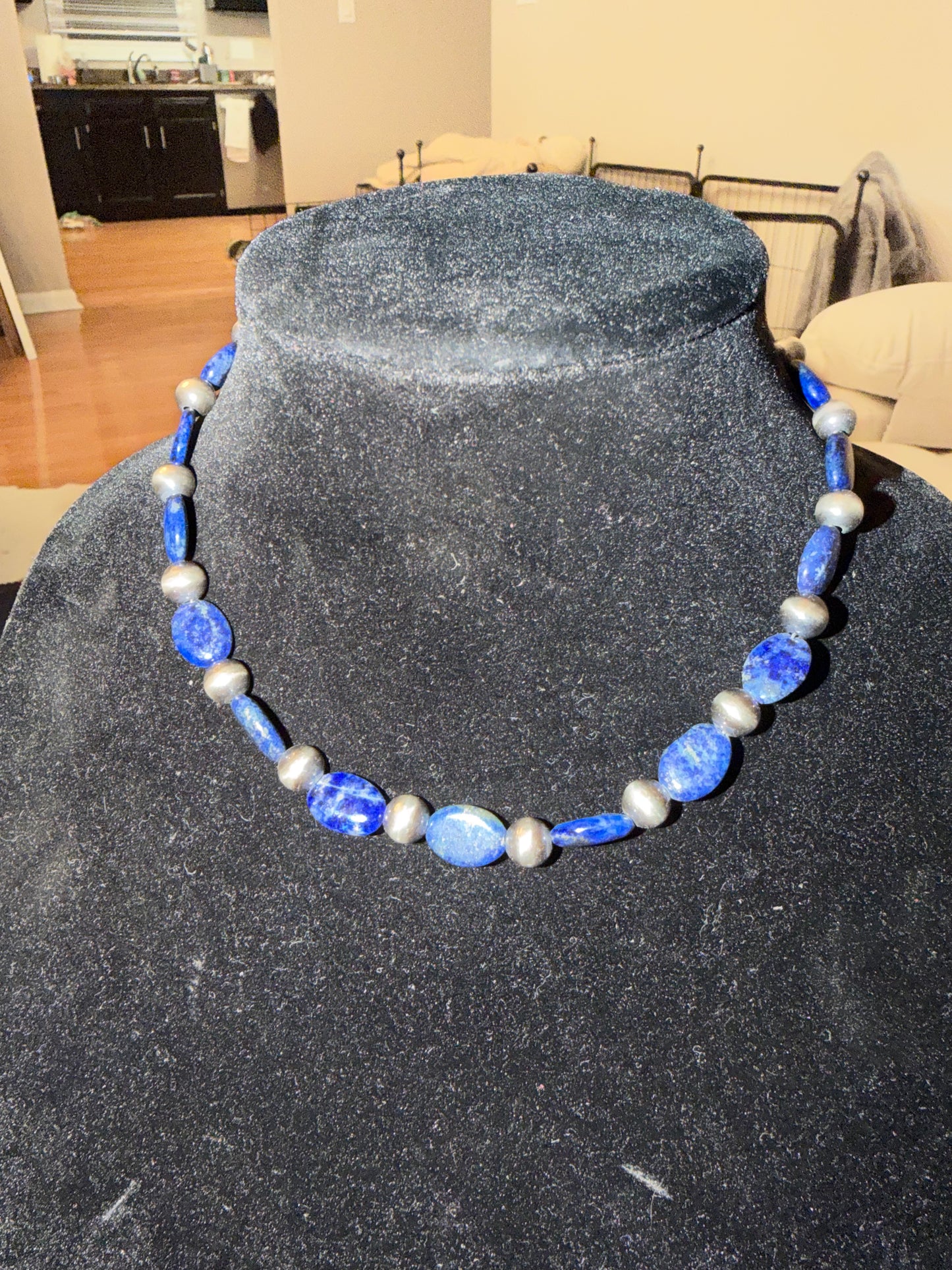 Flat oval lapis X 8mm pearl necklace