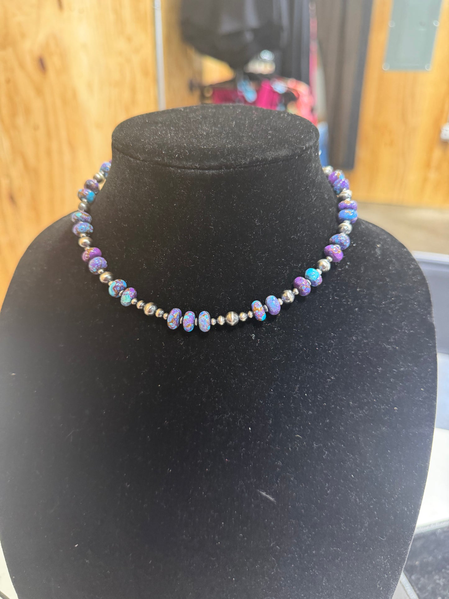 3-8mm sterling silver x Mohave Purple Spotted rondelle necklace