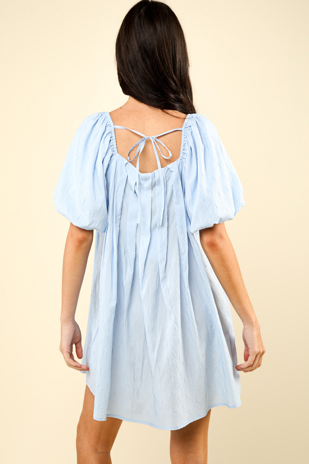 Puff Sleeve Pleated Mini Dress - Blue