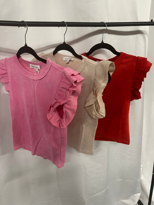 MINERAL WASHED RUFFLE SLEEVE TOP *5COLORS