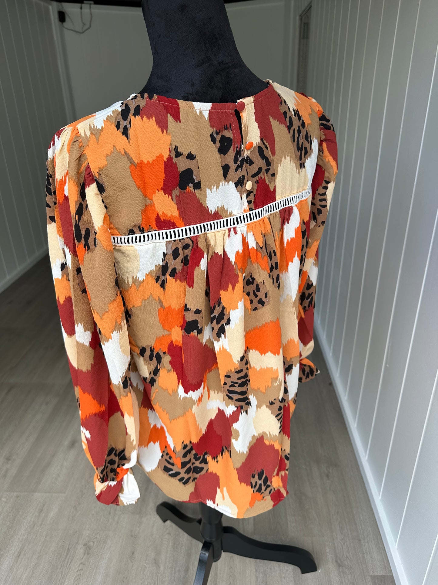 Multicolor Abstract Print Boho Frill Long Sleeve Blouse