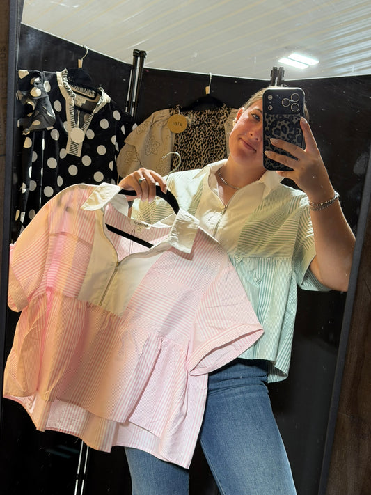 STRIPED HALF ZIP BABYDOLL TOP