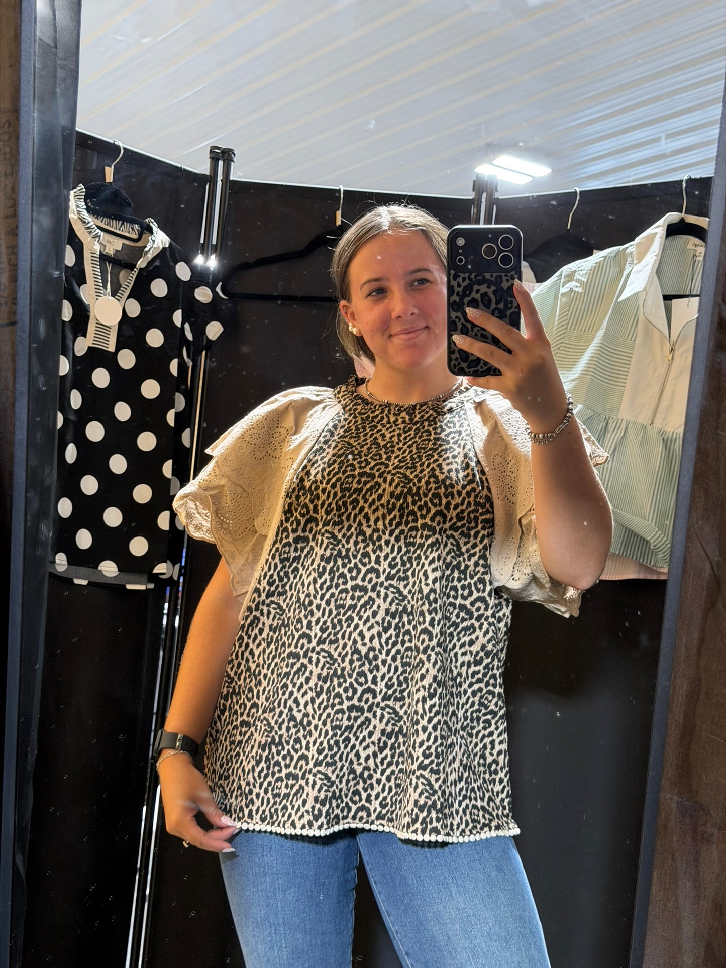 TEXTURED LEOPARD PRINTED LACE SLEEVE BLOUSE TOP
