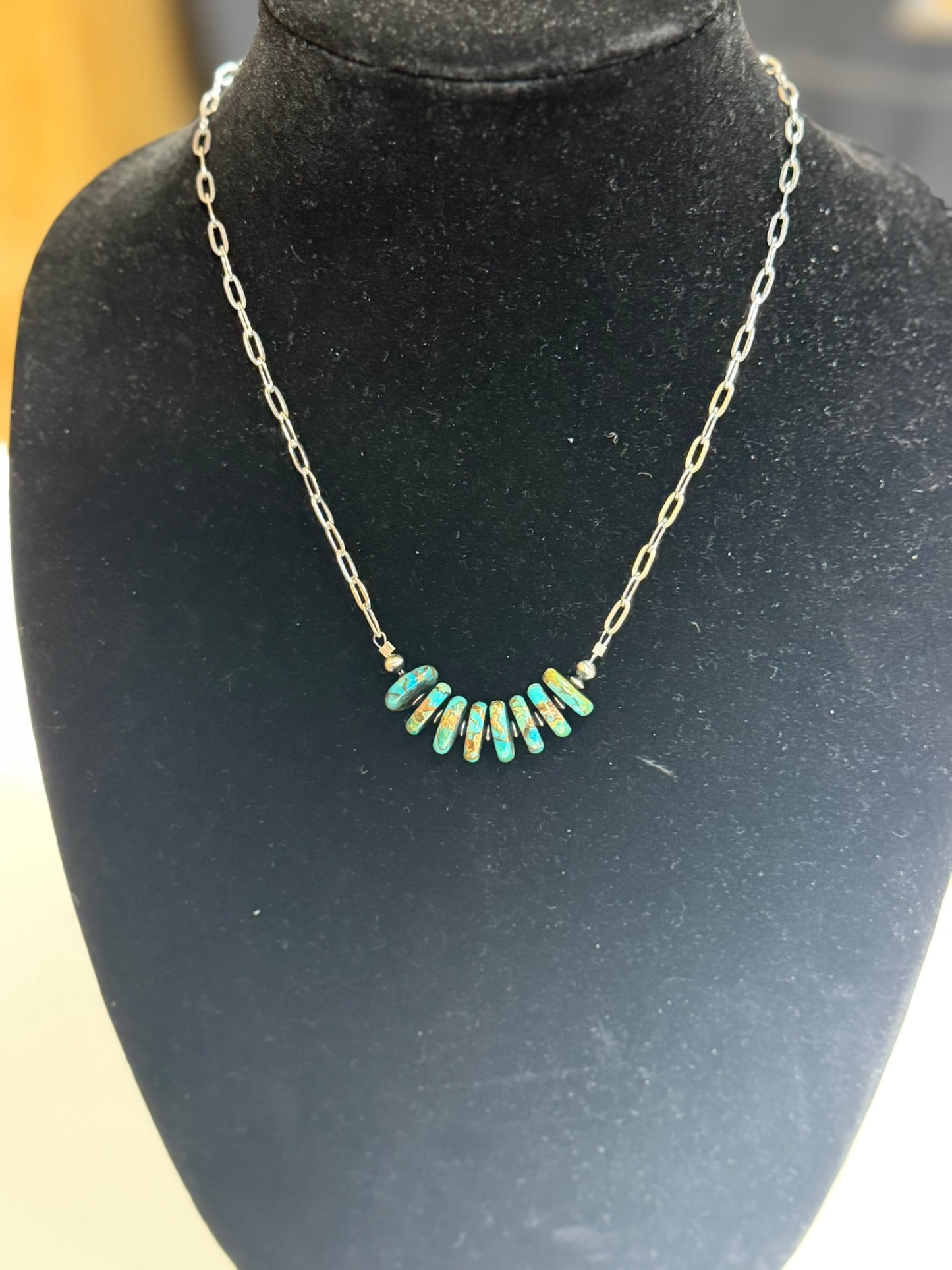 Turquoise x bronze x sterling silver bar necklace