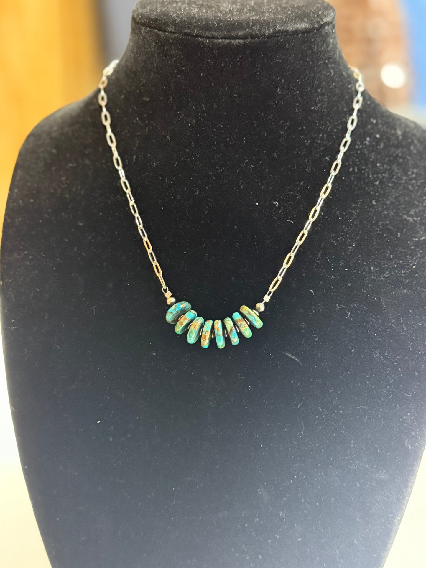 Turquoise x bronze x sterling silver bar necklace