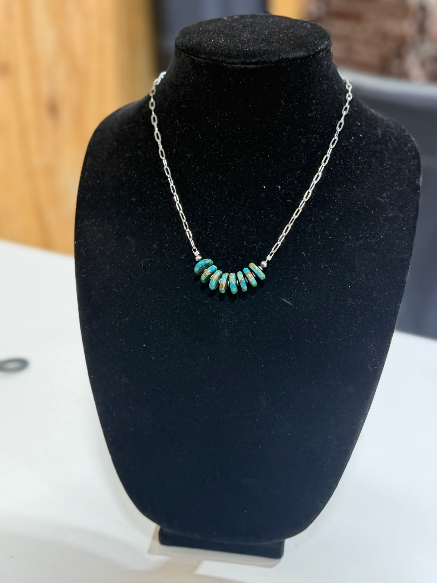 Turquoise x bronze x sterling silver bar necklace