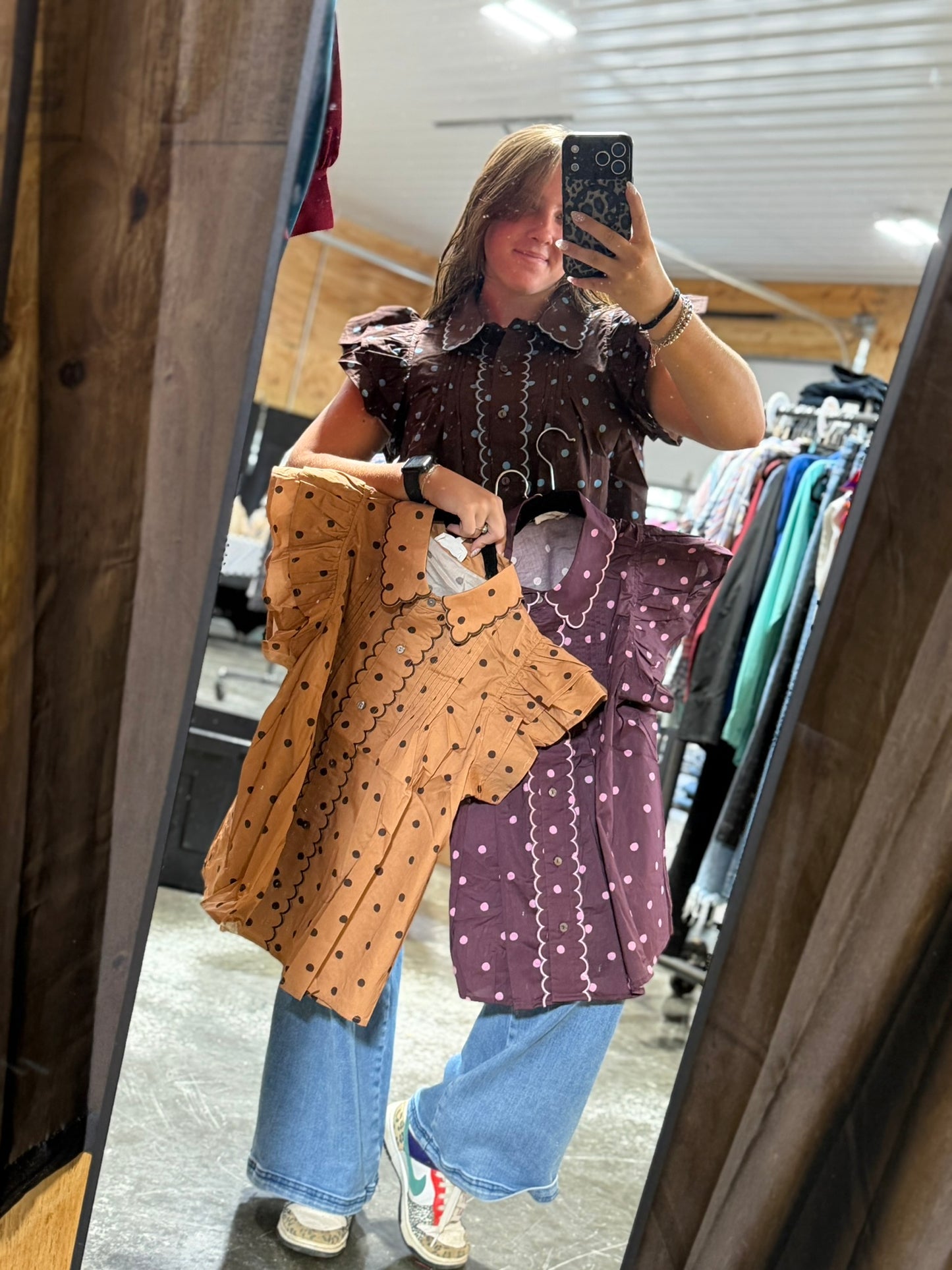 Polka dot scallop detail ruffle sleeve top