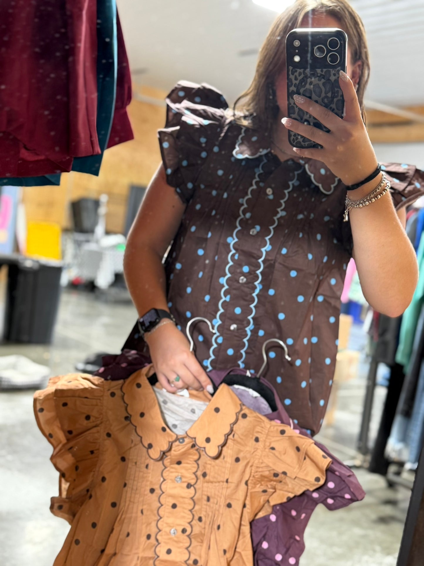 Polka dot scallop detail ruffle sleeve top