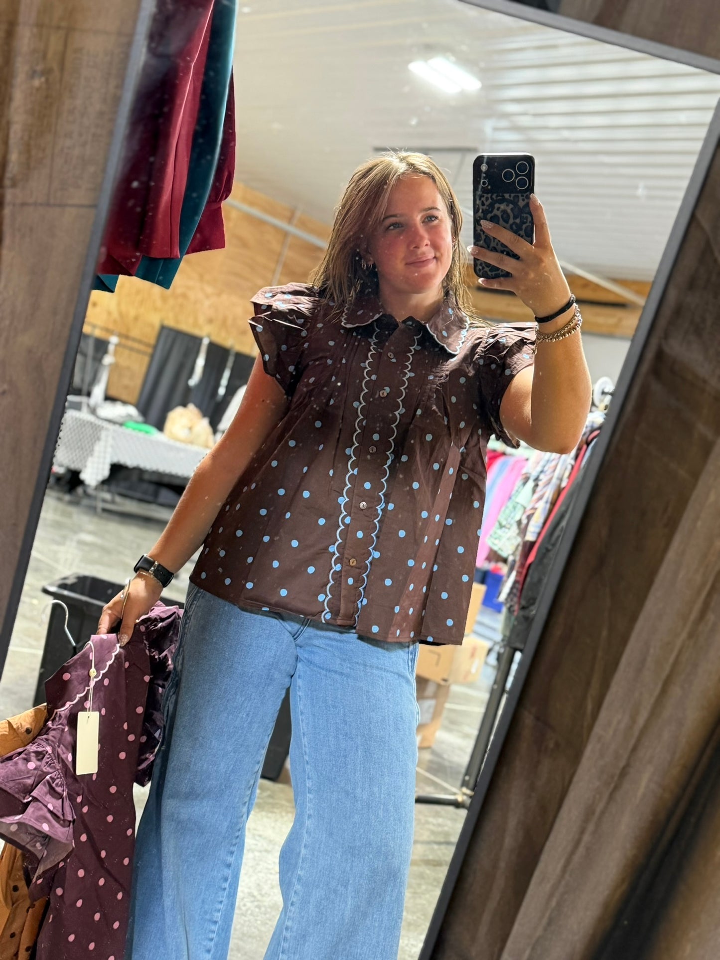 Polka dot scallop detail ruffle sleeve top