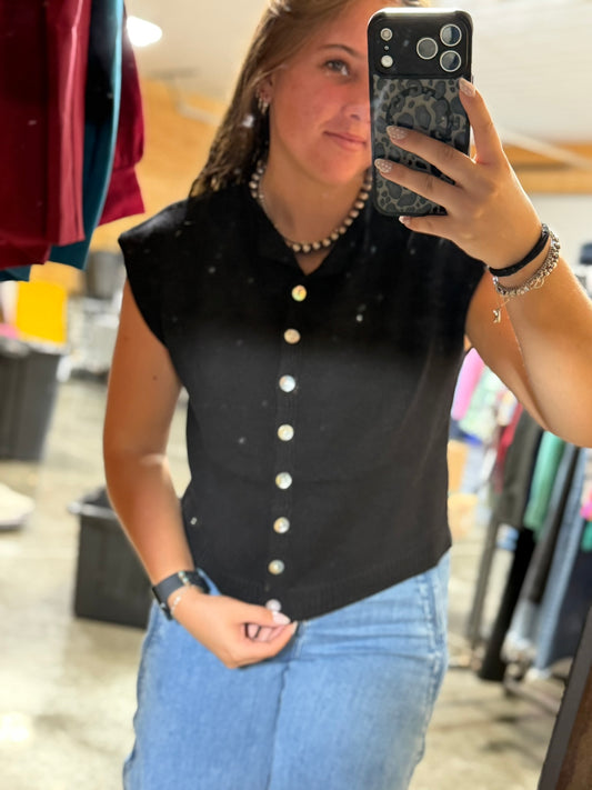 Button up short sleeve sweater top