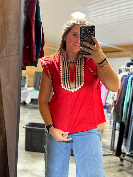 Plaid contract v neck top