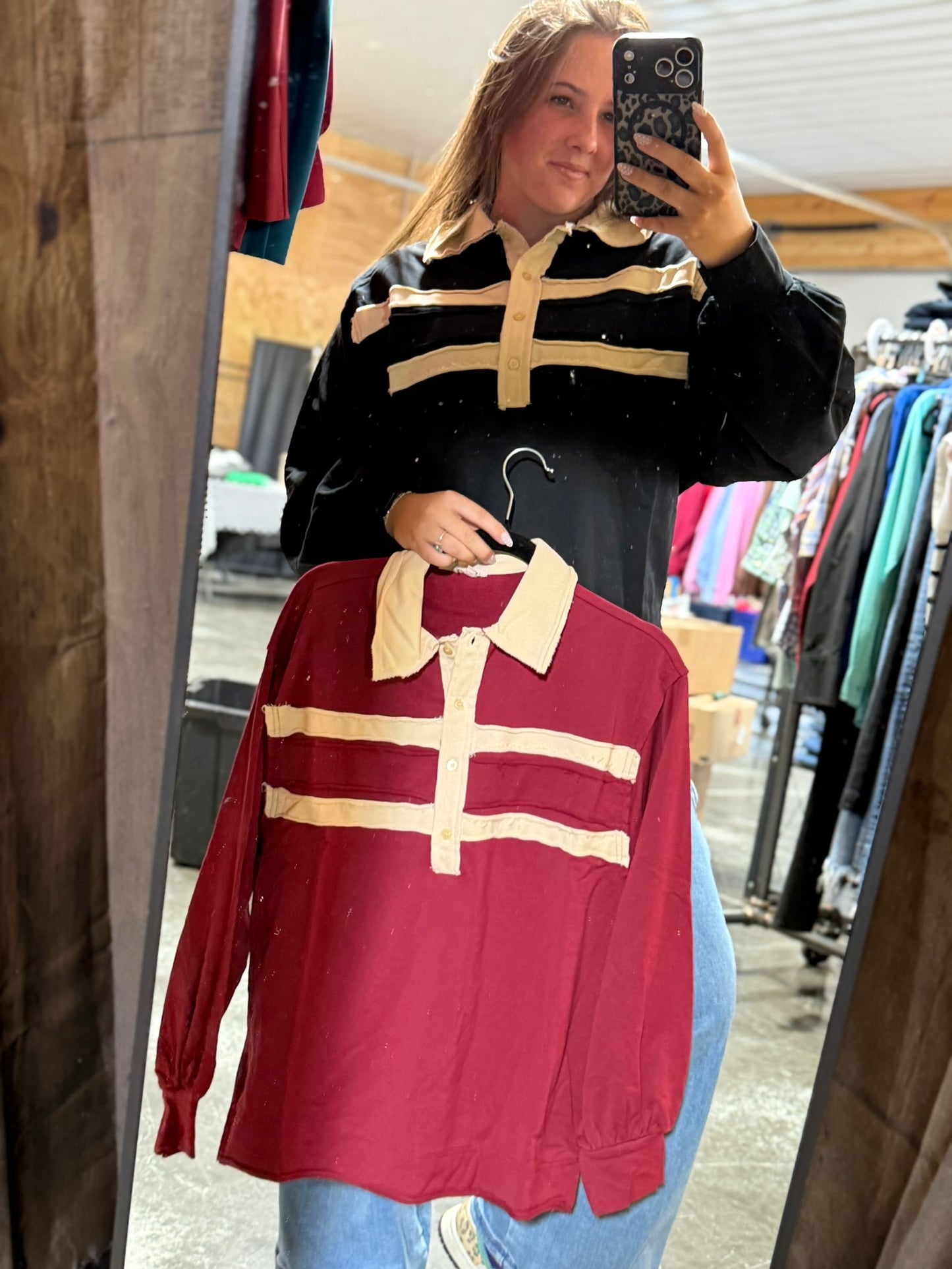 Raw cut stripe contrast long sleeve top