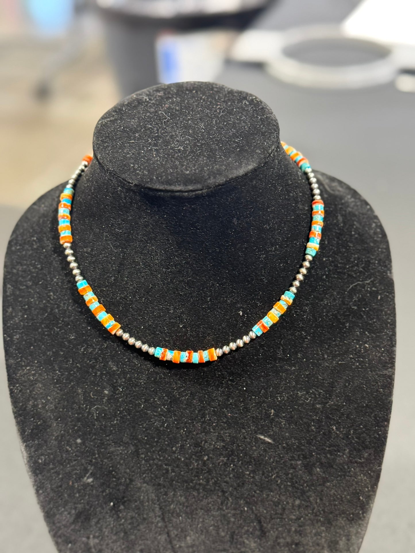 turquoise x orange spiny heishi x sterling silver pearl necklace