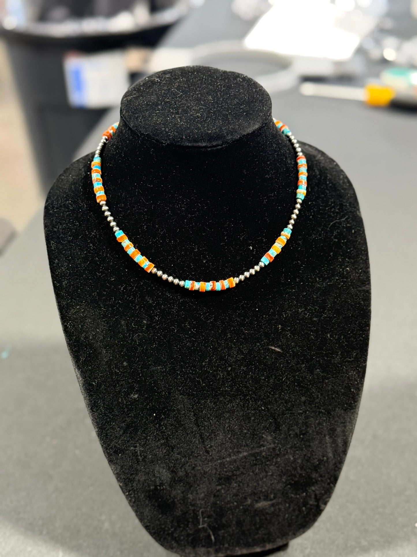 turquoise x orange spiny heishi x sterling silver pearl necklace