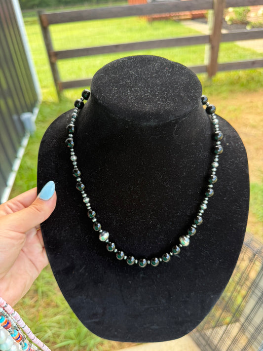 GRADUATED BLACK ONYX X STERLING PEARL NECKLACE