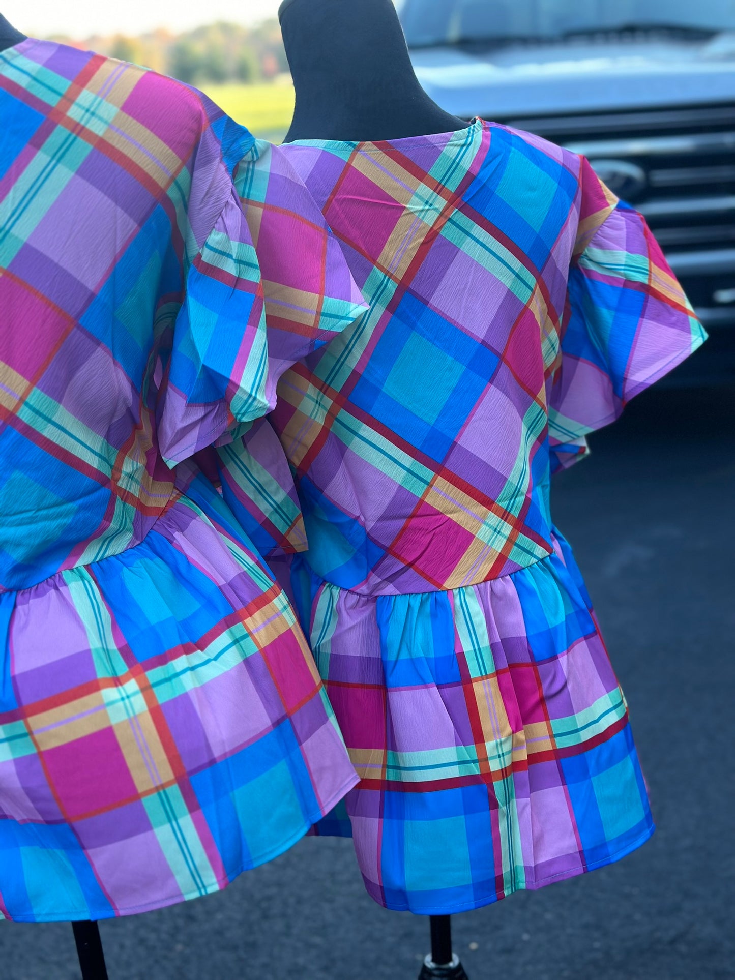 Sky Blue Colorful Plaid V Neck Ruffled Short Sleeve Babydoll Top