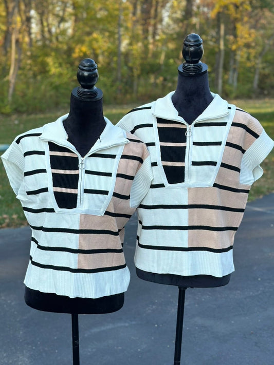 Black Stripe Colorblock Quarter Zip Collar Sweater Vest