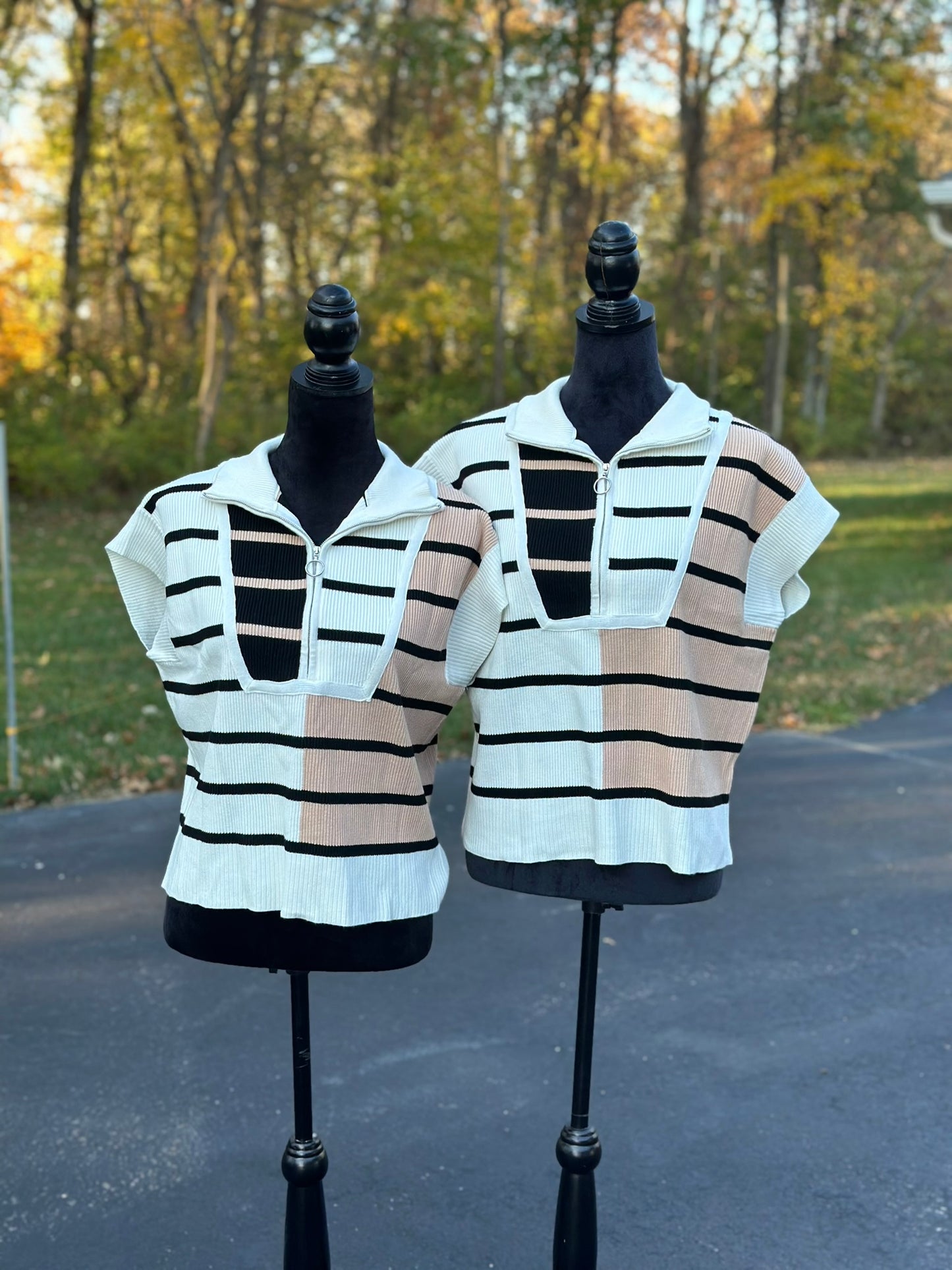 Black Stripe Colorblock Quarter Zip Collar Sweater Vest