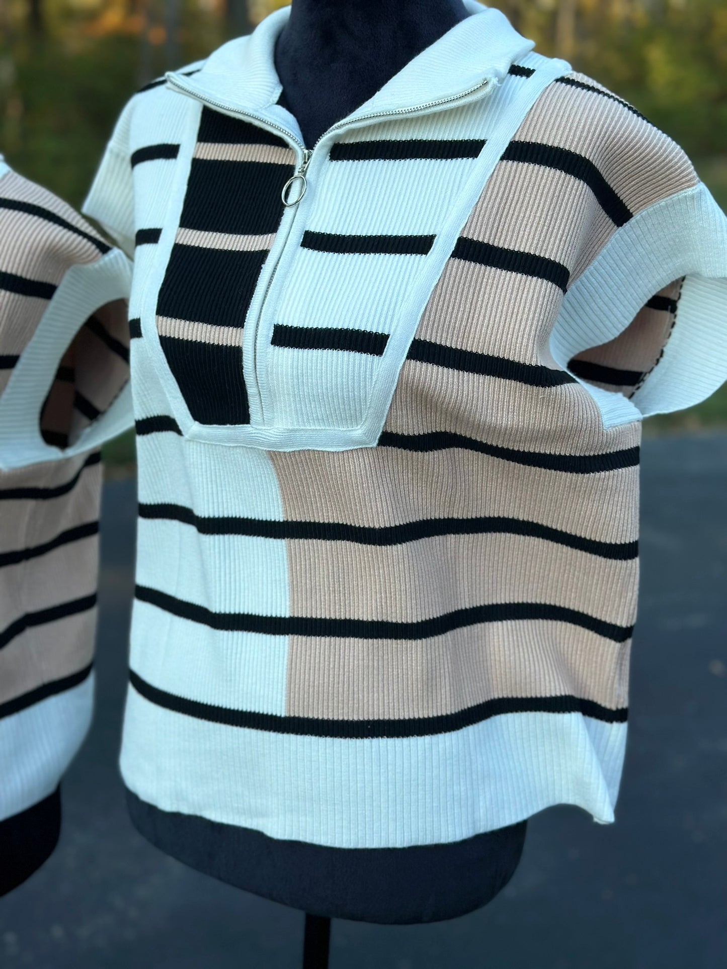 Black Stripe Colorblock Quarter Zip Collar Sweater Vest