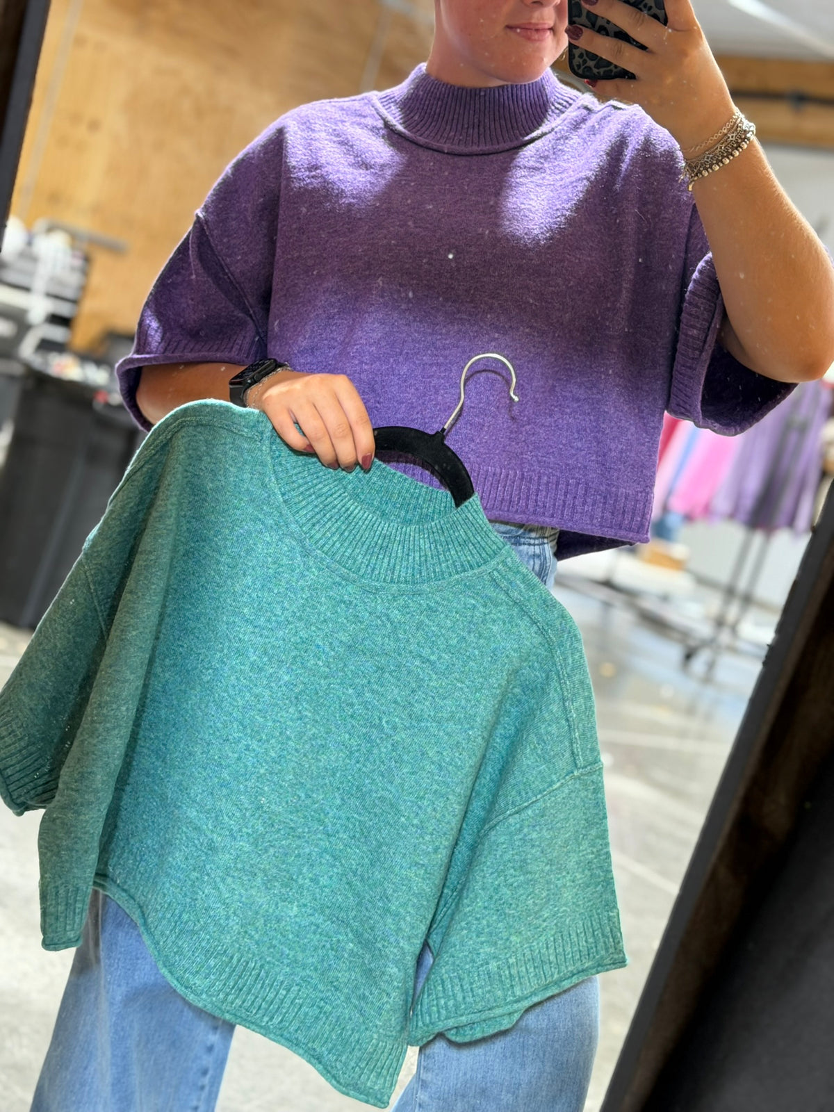 MARLED KNIT MOCK NECK SHORT SLEEVE SWEATER