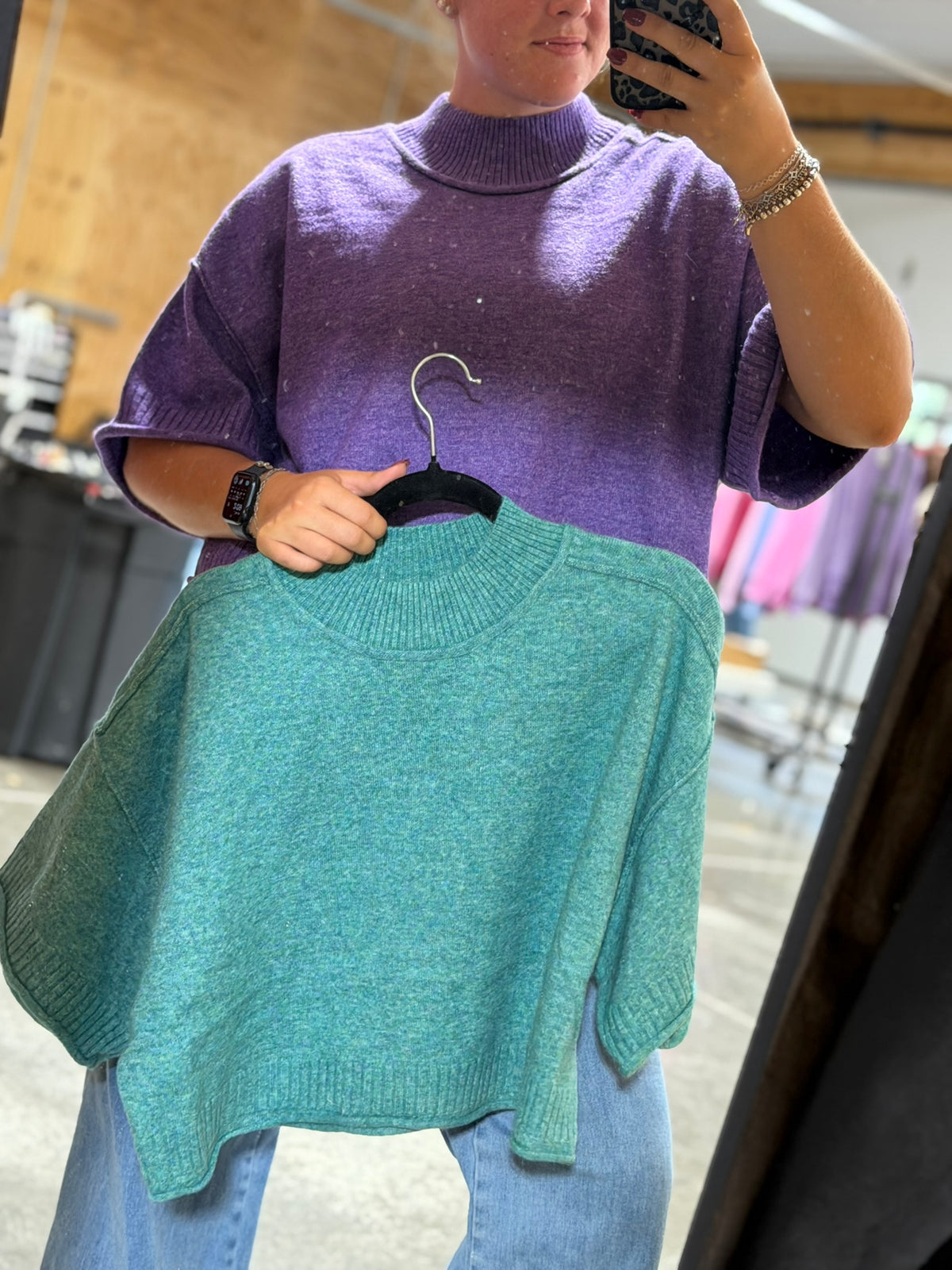 MARLED KNIT MOCK NECK SHORT SLEEVE SWEATER