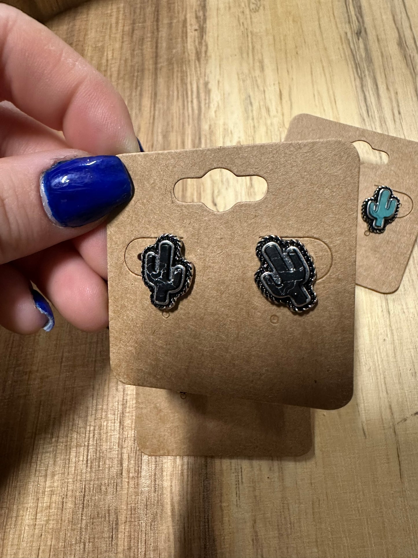 Western Hand Craft Stone Cactus Stud Earrings