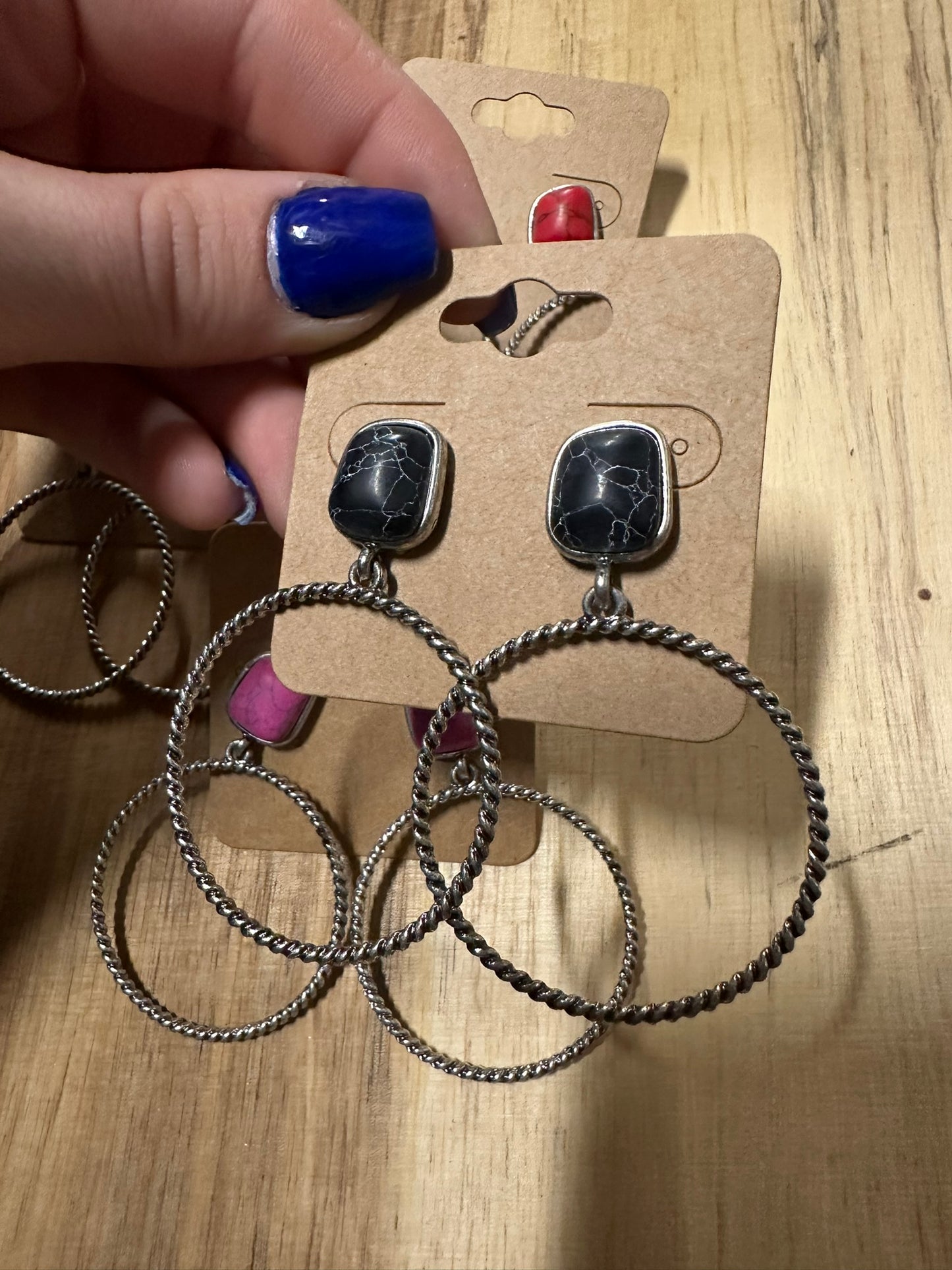 Metal Hoop with Stone Post Earrings