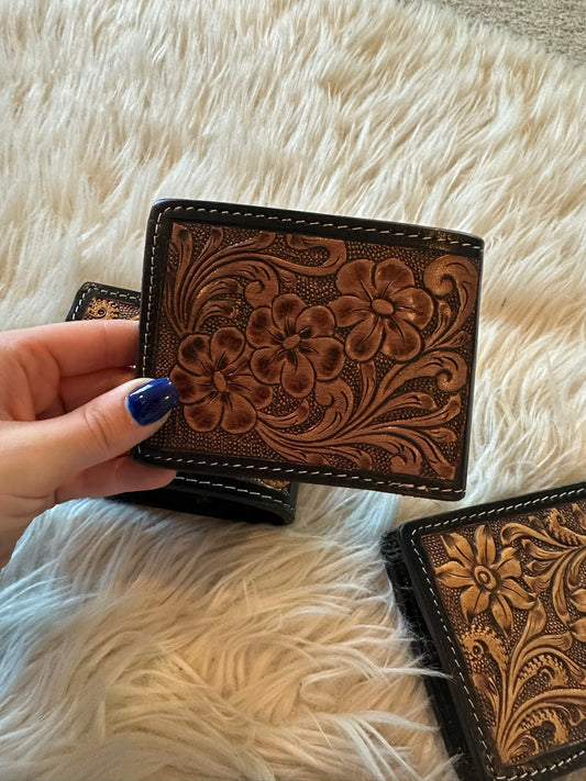 Hand Tooled Leather Bifold Short Mens Wallet