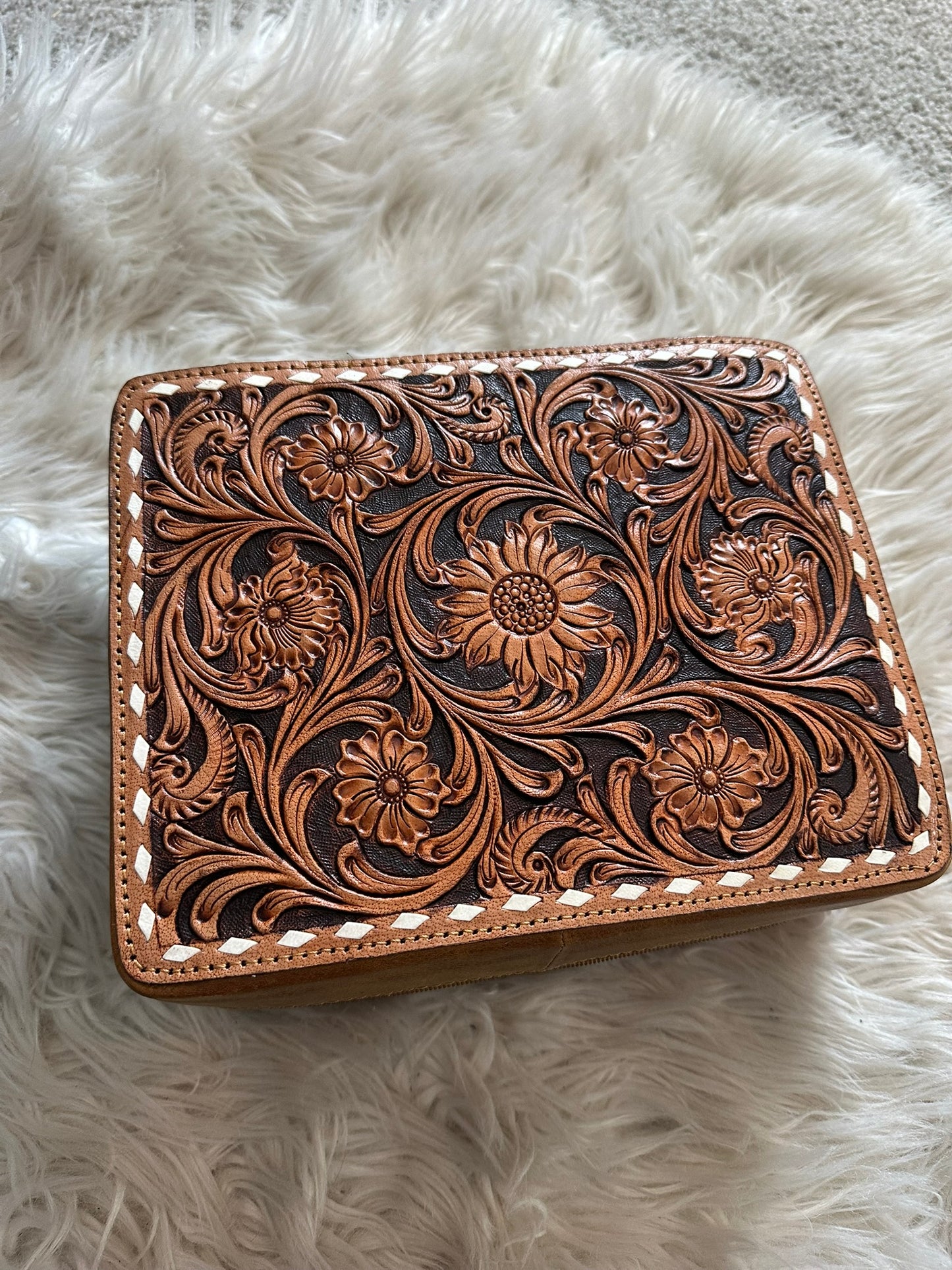 tooled leather genuine cowhide large jewelry box