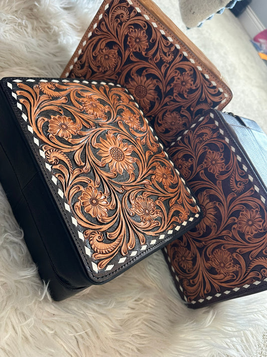 tooled leather genuine cowhide large jewelry box