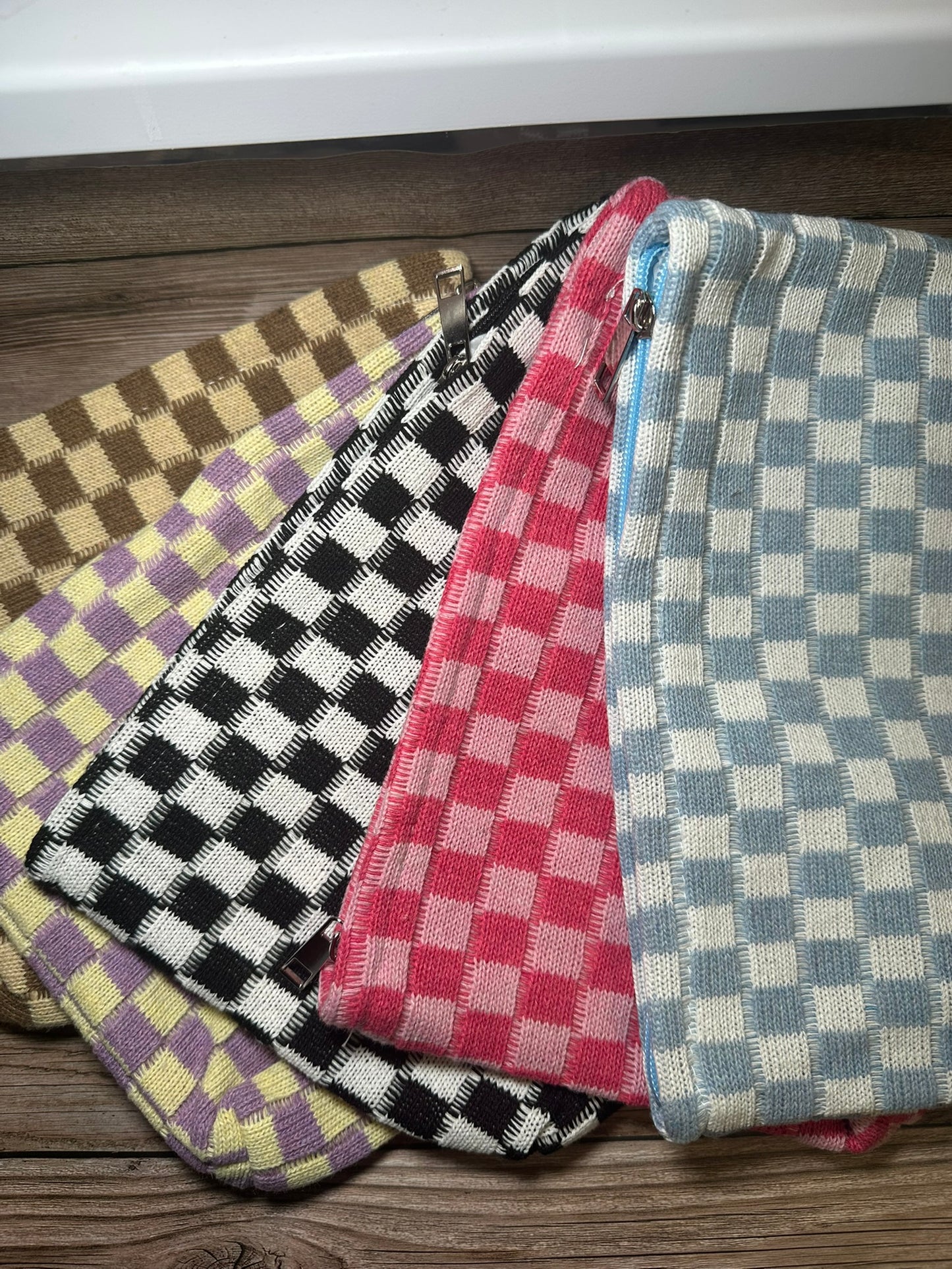 Checkered cosmetic makeup pouch clutch bag