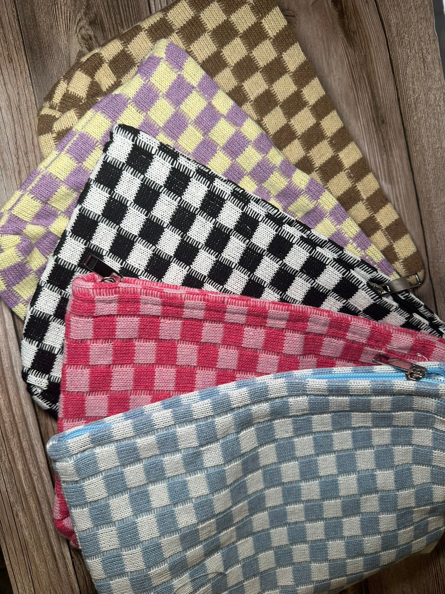 Checkered cosmetic makeup pouch clutch bag