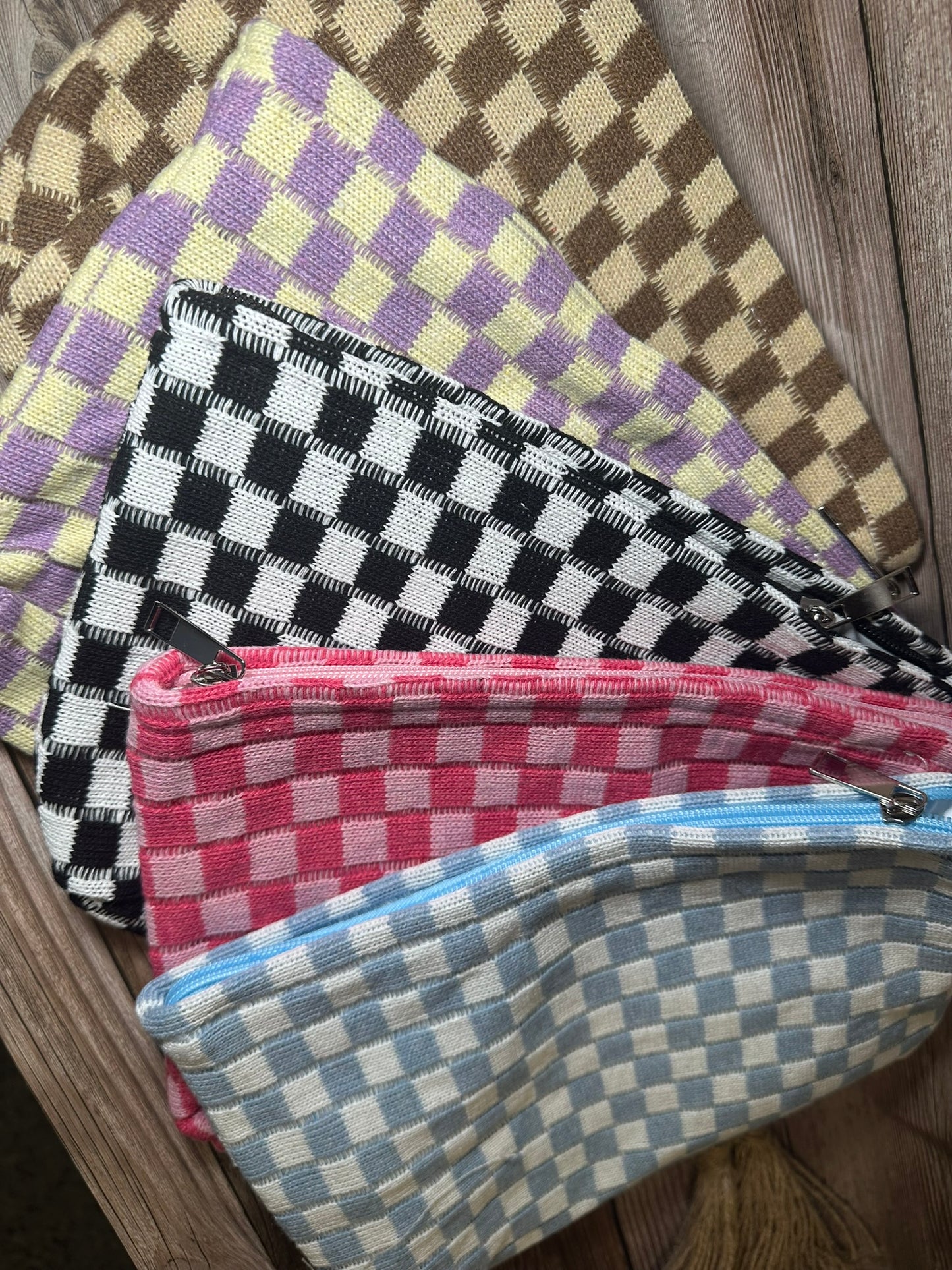 Checkered cosmetic makeup pouch clutch bag