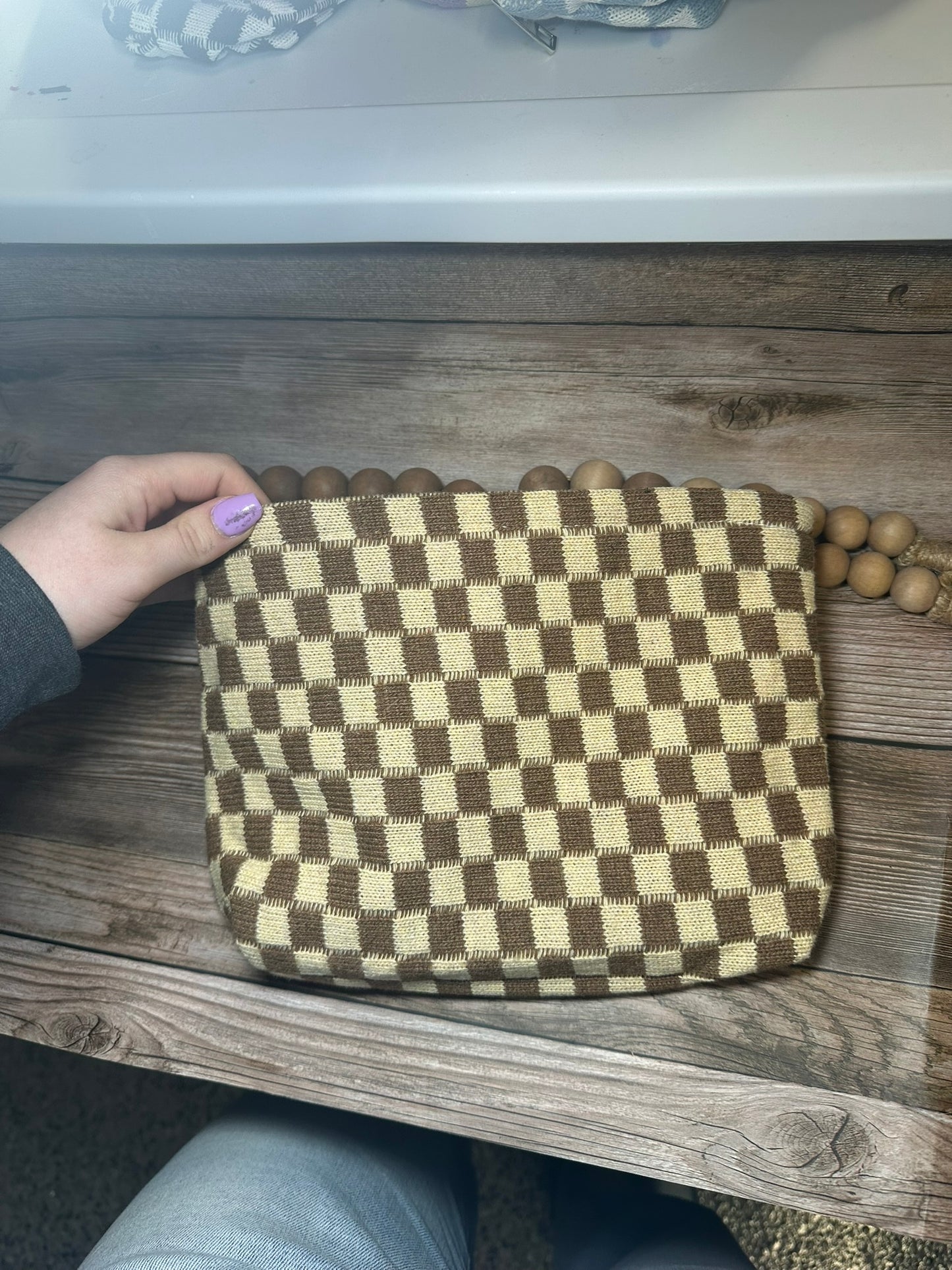 Checkered cosmetic makeup pouch clutch bag